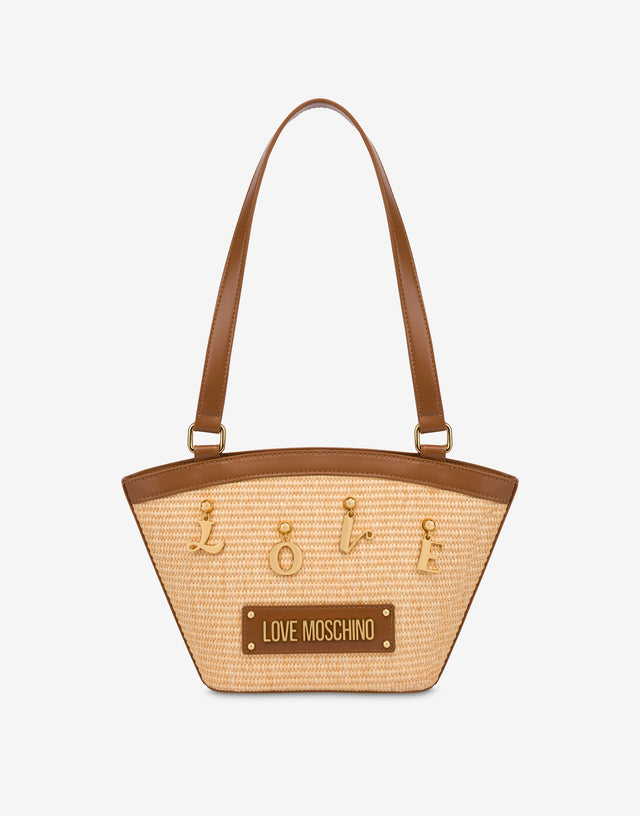 Shopper in raffia with letter charm Beige Love Moschino 0