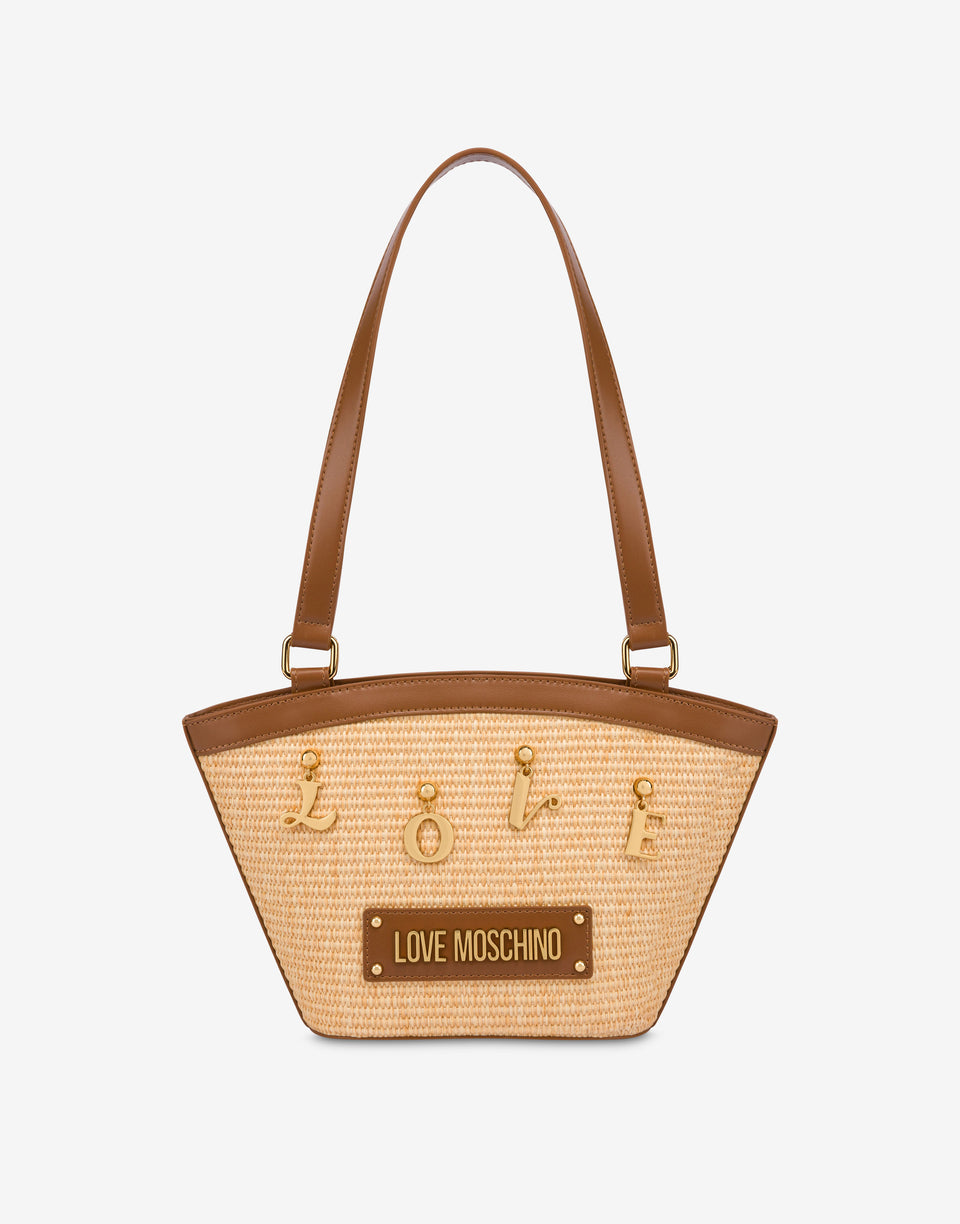 Shopper in raffia with letter charm Beige Love Moschino 0