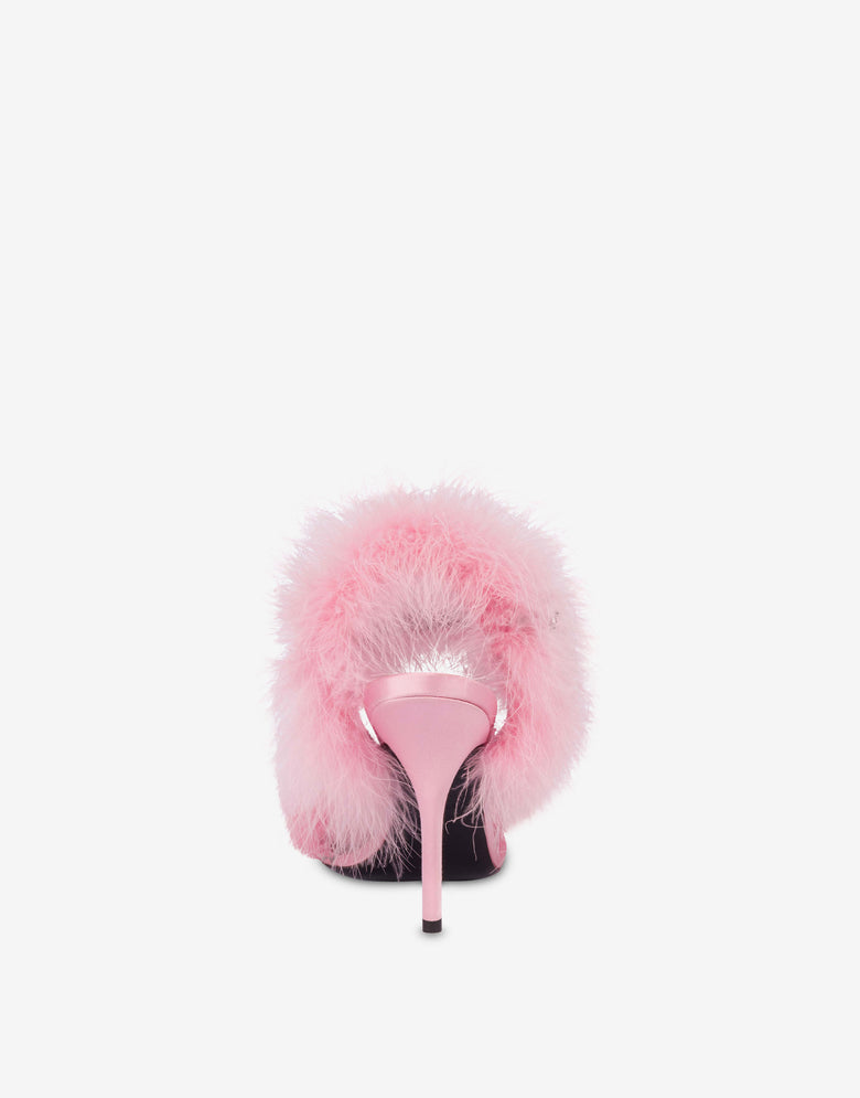 带羽毛的缎面凉鞋 糖果粉色 Moschino 2