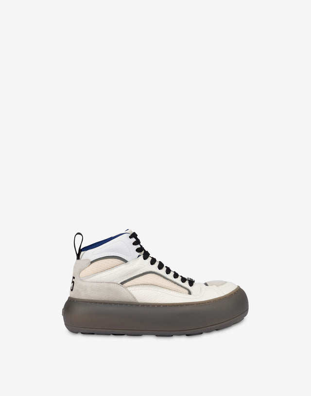 High-top sneakers in mesh, calfskin, and suede Ivory Moschino 1