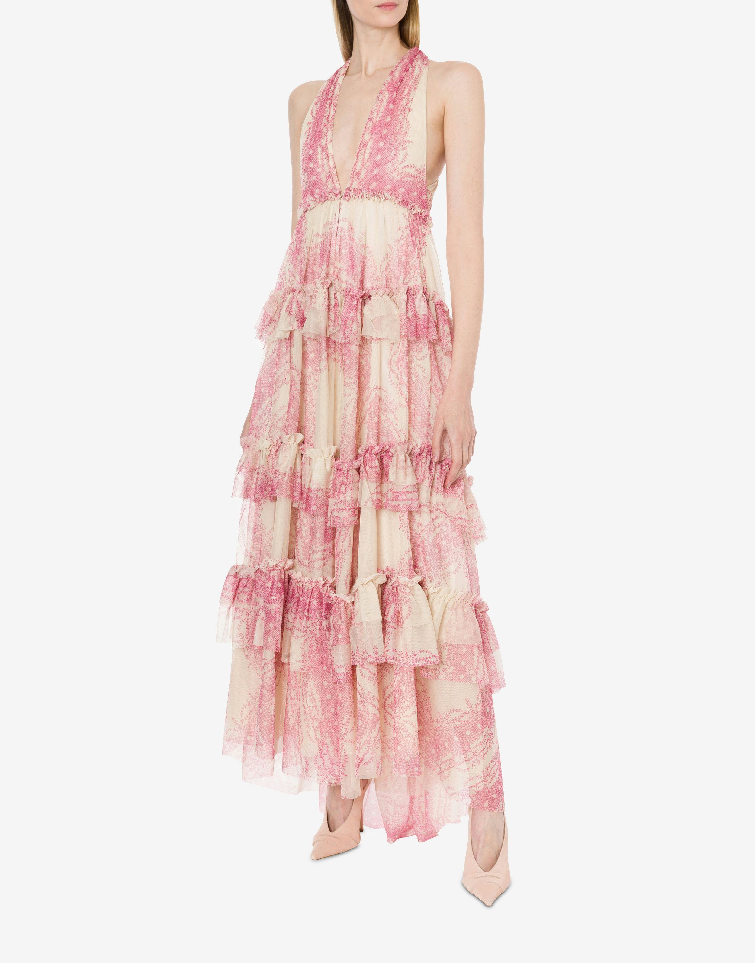 Ruffled dress in printed tulle