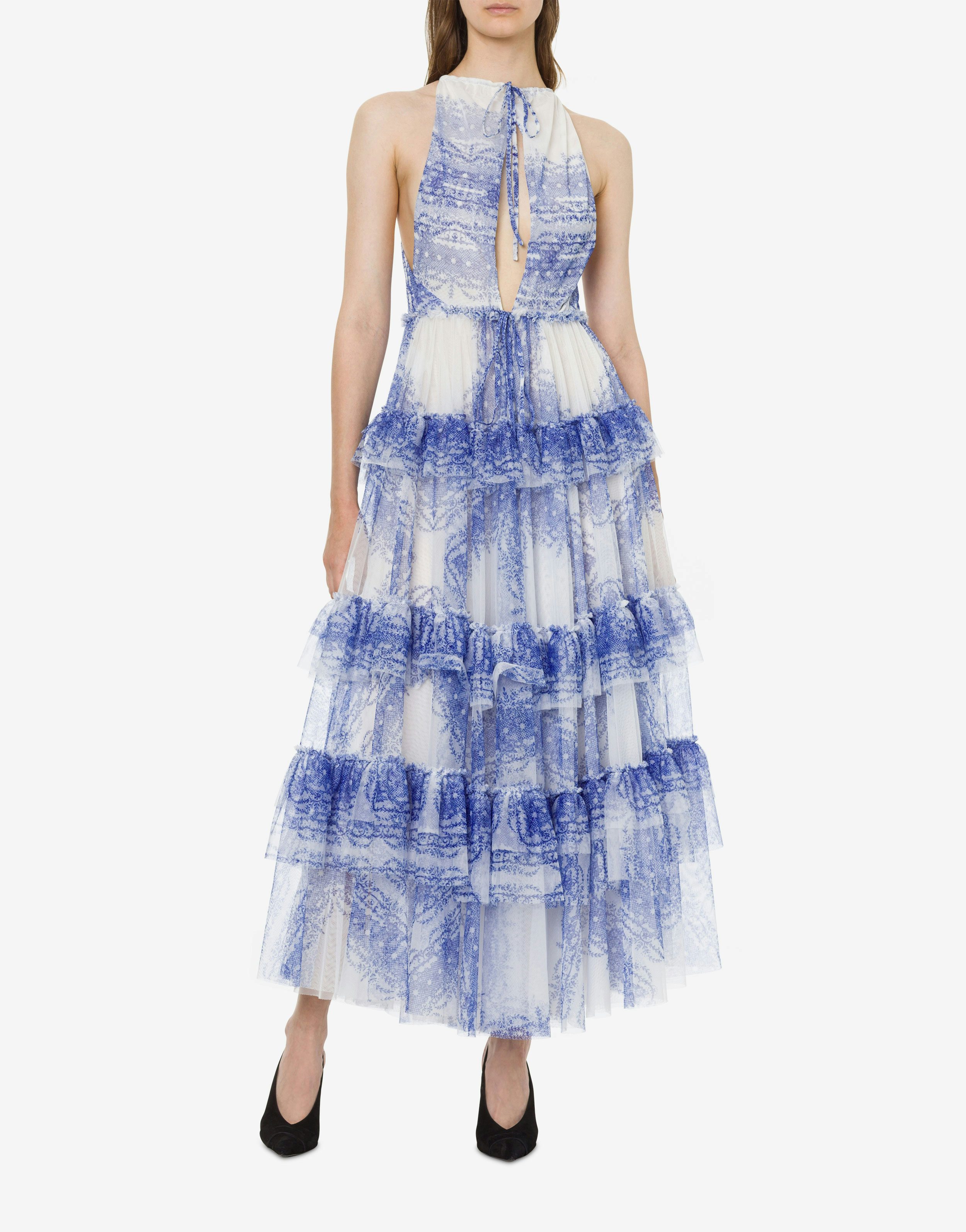 Ruffled dress in printed tulle