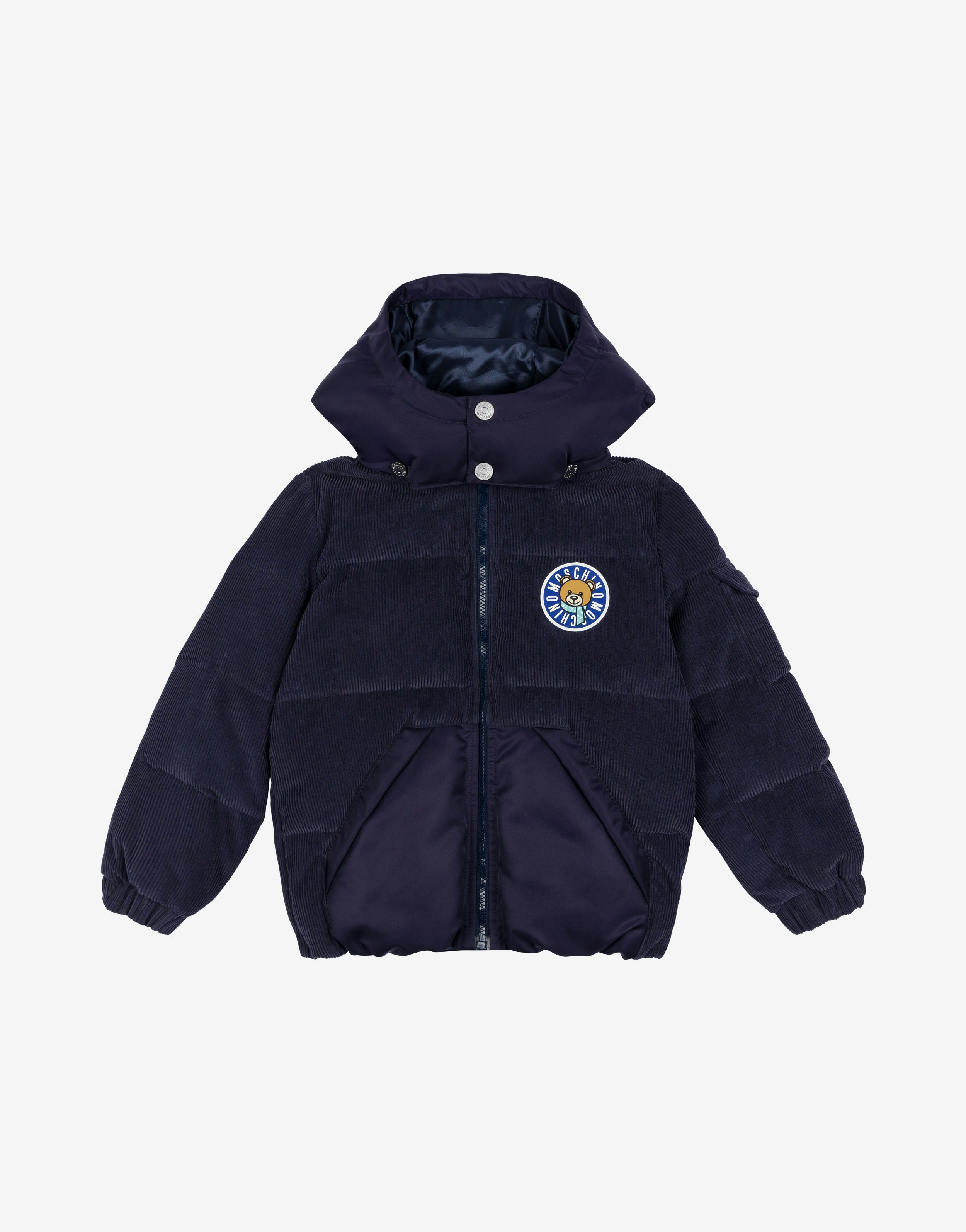 Winter Teddy Patch Nylon and Corduroy Down Jacket Unisex Blue Navy Moschino