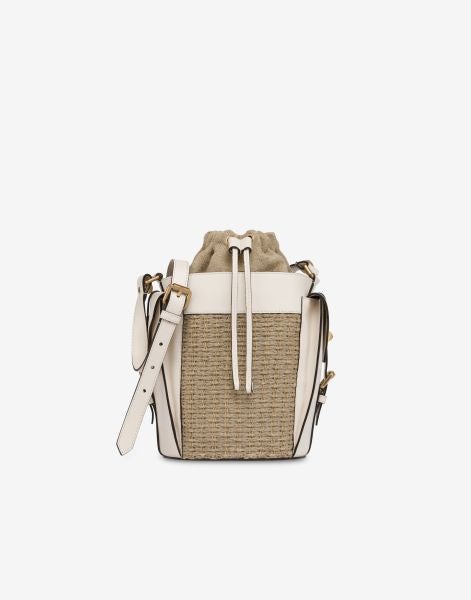 Bucket bag in calfskin and linen with pockets