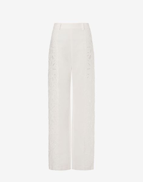 Pantalón de tela algodón-lino con bordado de flores