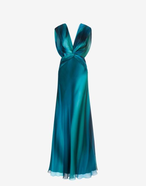 Long silk chiffon dress with gradient print