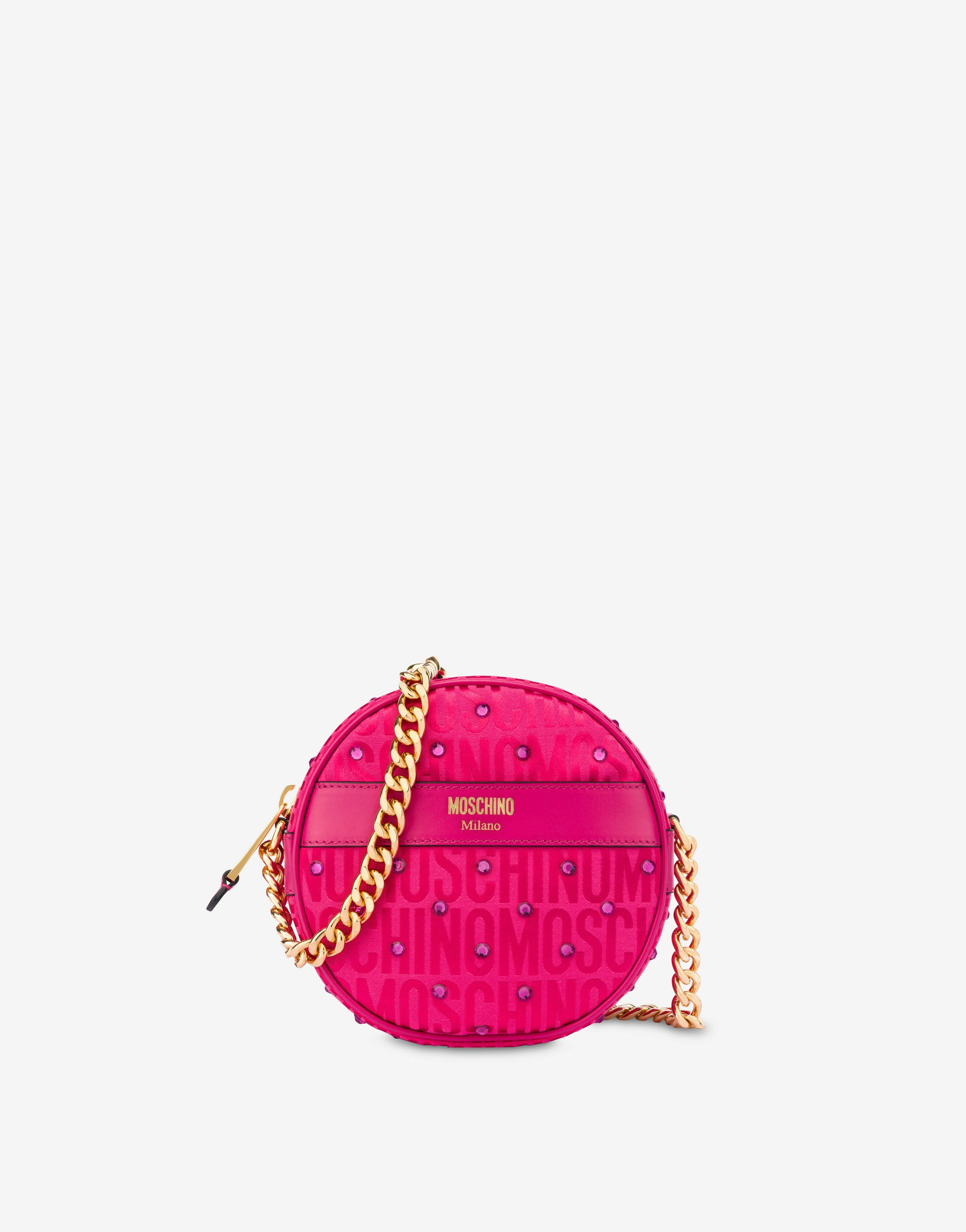 Allover Logo Nylon Round Bag With Rhinestones