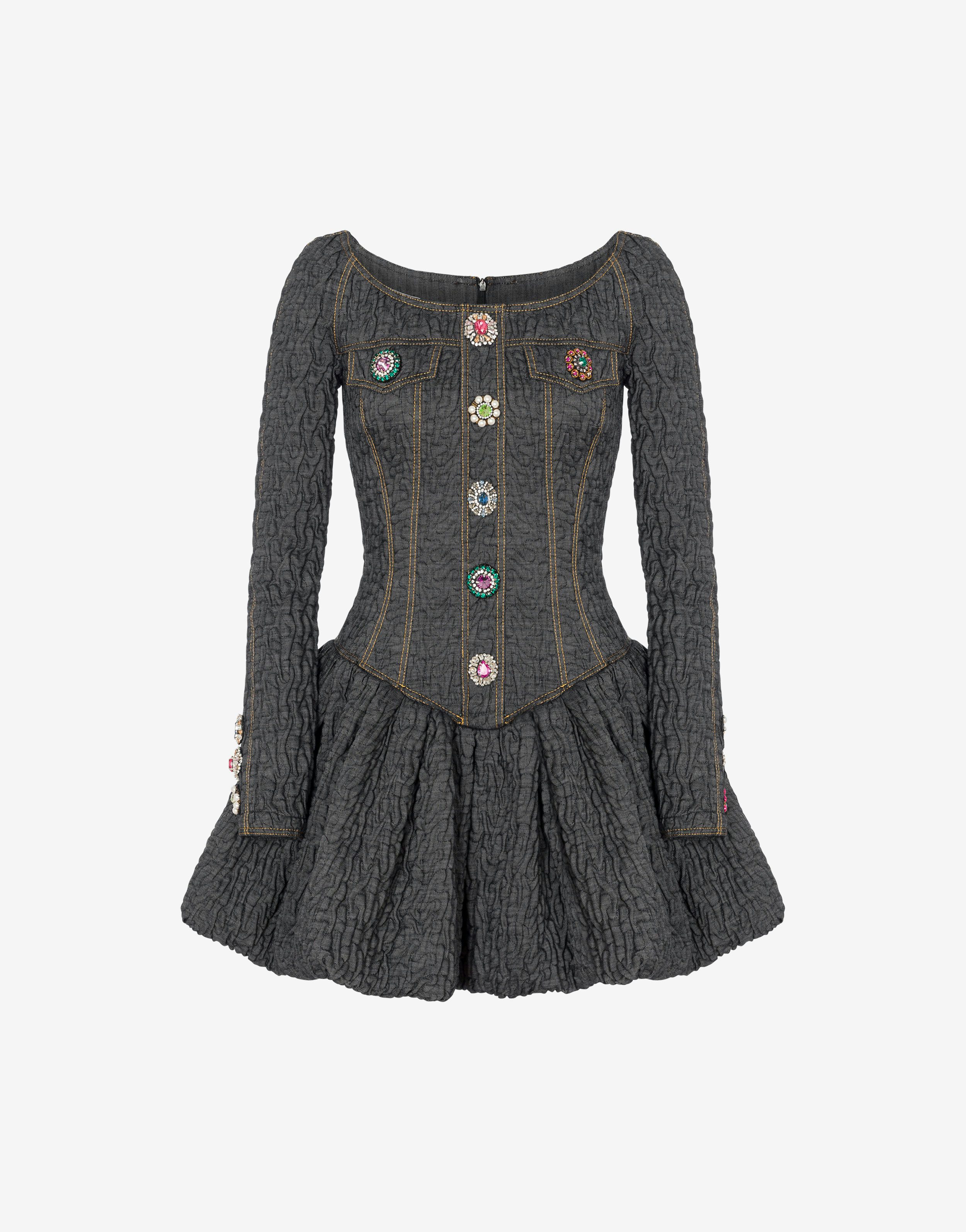 Jewel Buttons Black Denim Dress