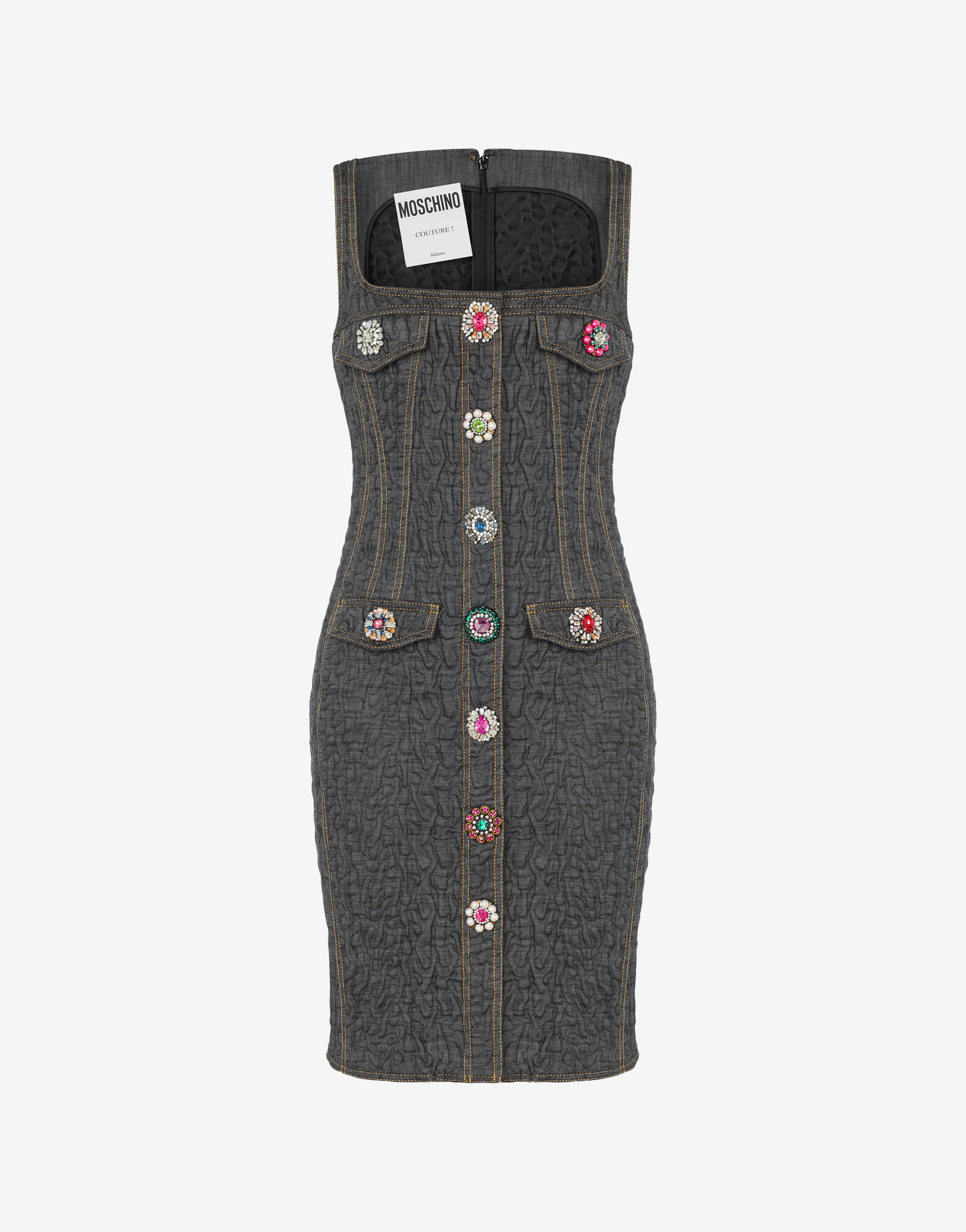 Jewel Buttons Black Denim Sheath Dress
