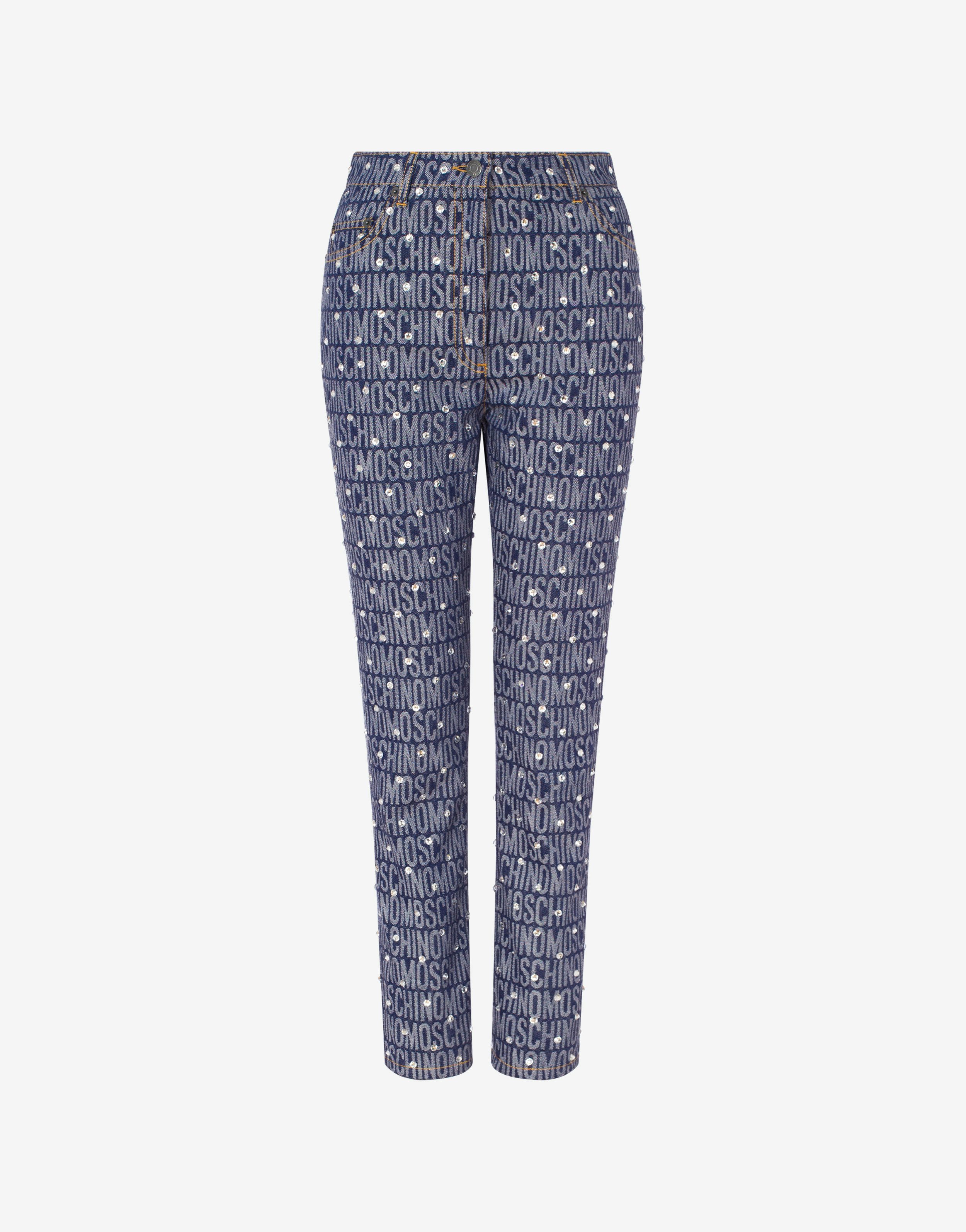 Allover Logo Denim Trousers With Rhinestones