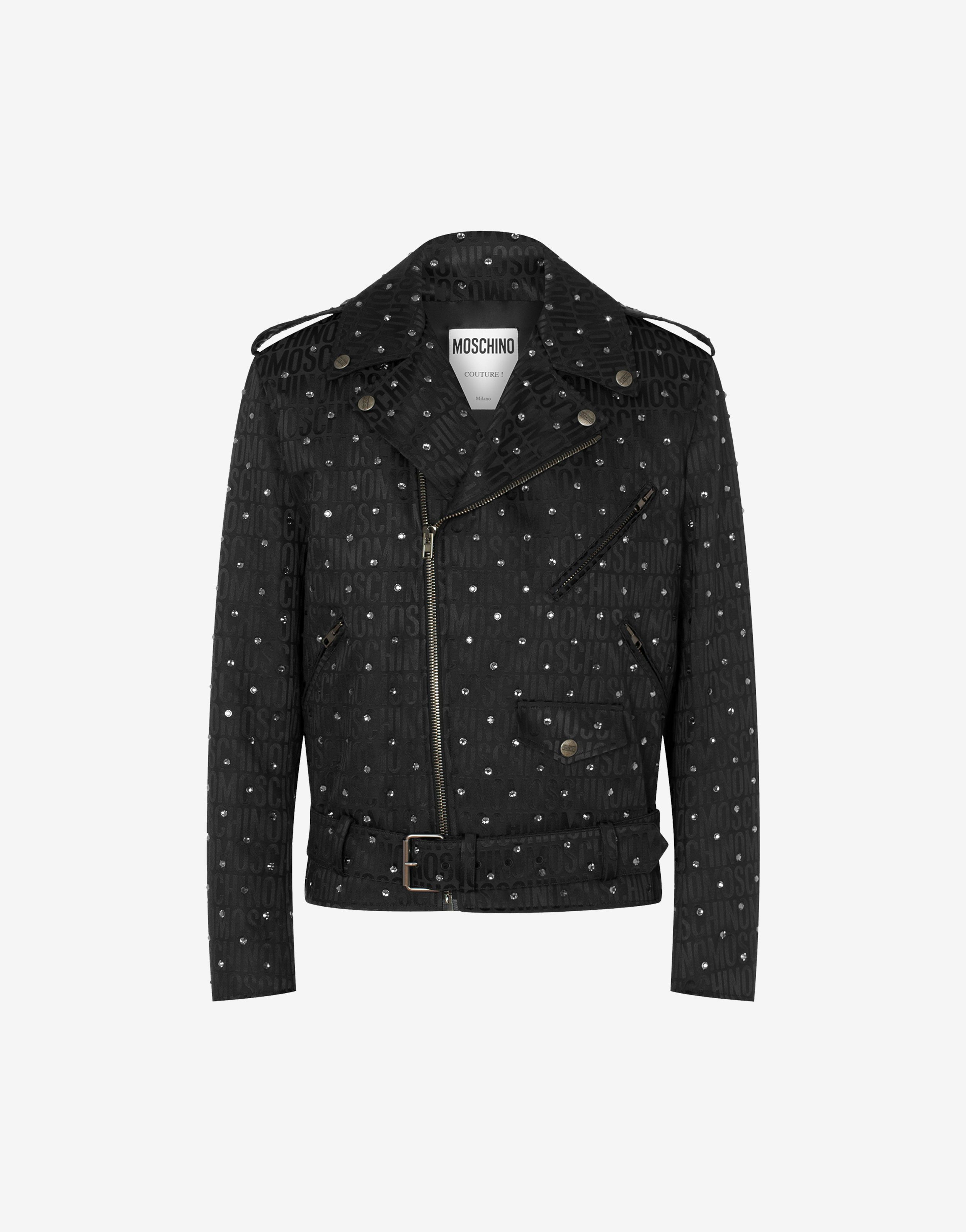 Allover Logo Nylon Biker Jacket With Rhinestones