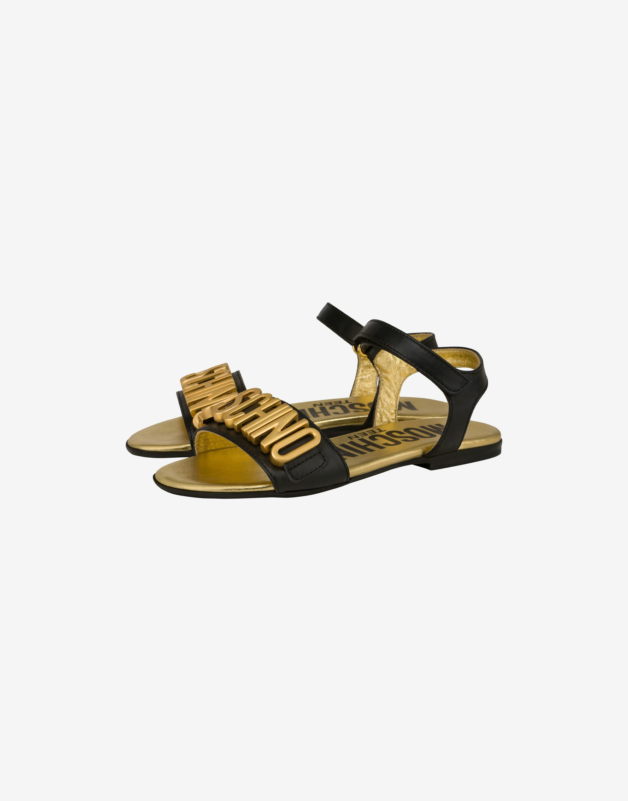 Gold Lettering Logo Calfskin Flat Sandals