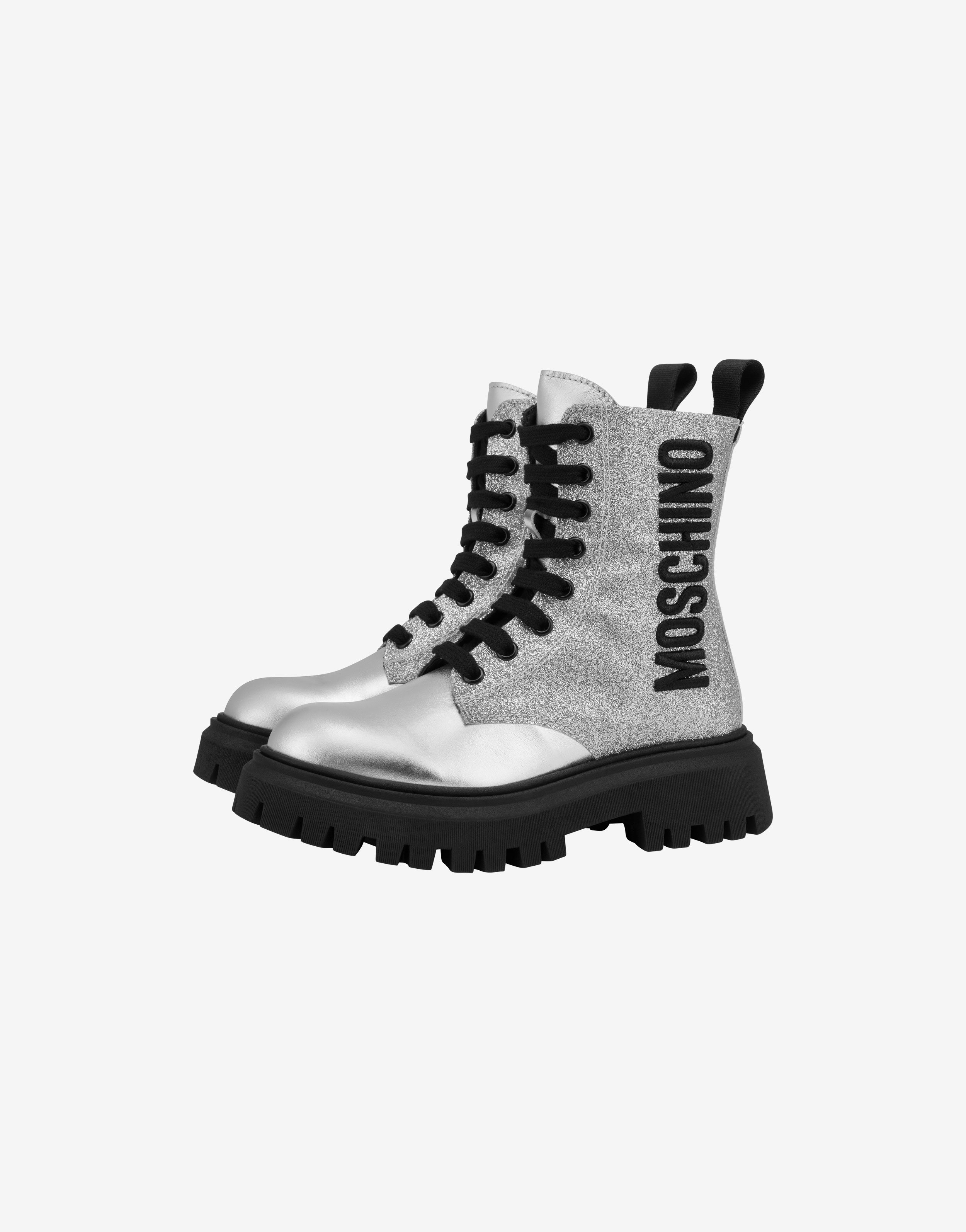 Logo Embroidery Combat Boots With Glitter