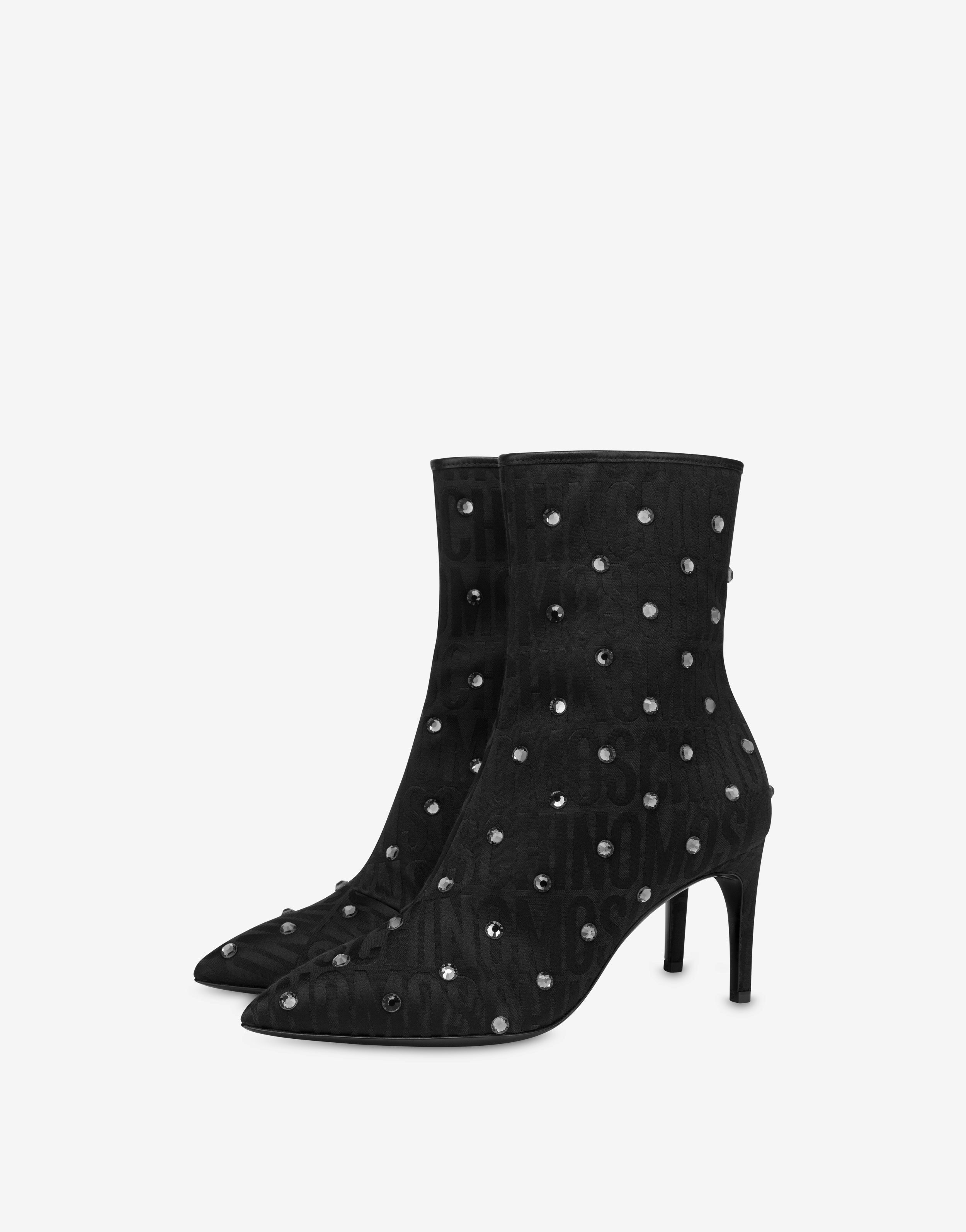 Allover Logo Nylon Ankle Boots With Rhinestones