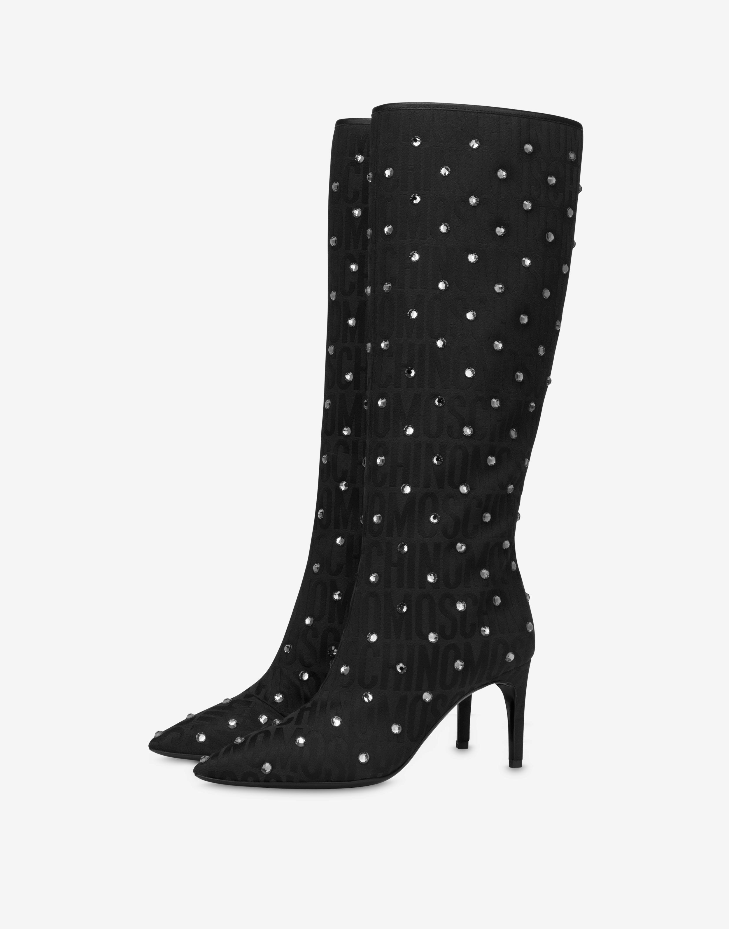 Allover Logo Nylon Boots With Rhinestones
